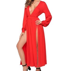 Deep V-neck High Slit Red Dress